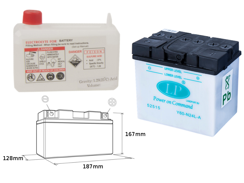 LANDPORT akumulátor Y60-N24L-A (MD L60-N24L-A) 12V 24AH 185X125X176 obsluhovaný - elektrolyt zvlášť (2) UE48
